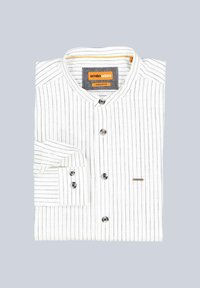 Weiß gestreiftes Hemd mit umgelegtem Kragen, schwarzen Knöpfen und umgeschlagenem Manschette. Verfügt über einen kleinen orangefarbenen Akzent am Saum. Reguläre Passform.