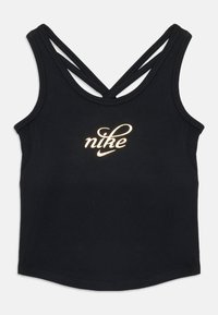 Top sportivo senza maniche di colore nero con spalline incrociate e logo "nike" in oro cursivo centrato sul petto.