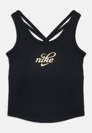 Melnā bez piedurknēm sporta blūze ar krusteniskām lencēm un zelta kursīvā rakstītu "nike" logo centrā uz krūts.