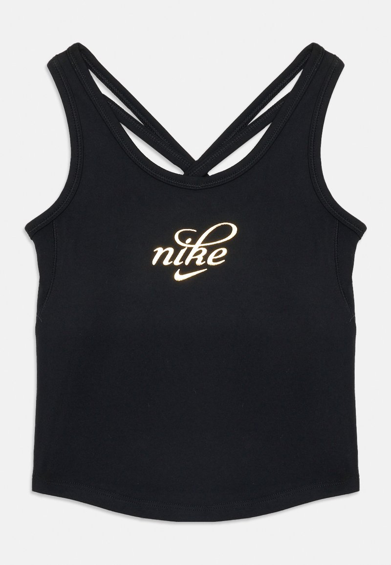 Top sportivo senza maniche di colore nero con spalline incrociate e logo "nike" in oro cursivo centrato sul petto.