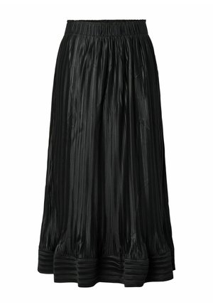 Zwarte geplooide rok van glanzende stof, met een elastische tailleband en een textuurrand met een gedetailleerd plooi-ontwerp over de hele rok.