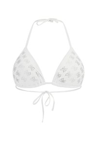 Biely trojuholníkový bikiny top s viazaním, so malými výrezmi a hladkým povrchom. Tenké ramená sú pripojené k pohárom.