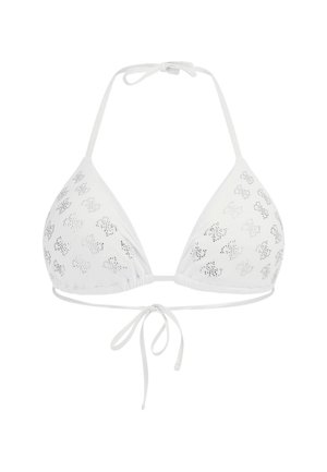 White triangular bikini top with a tie closure, featuring small cut-out patterns and a smooth texture. Thin straps connect to the cups.