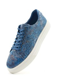 Blue patterned sneaker with paisley design, textile upper, lace-up closure, and a white rubber sole. Accents in darker shades.