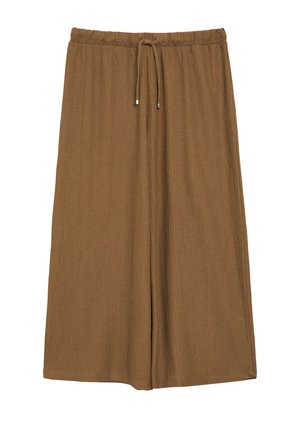 Braune, weit geschnittene Strickhose mit elastischem Bund und verstellbarem Kordelzug, gekürzte Länge und strukturierter Stoff.
