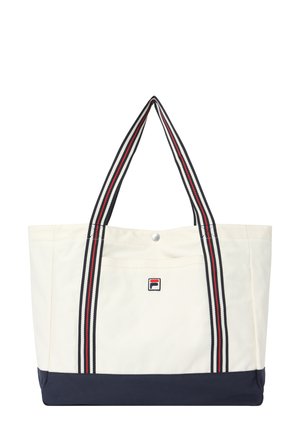 Borsa a mano bianca e blu navy con manici a righe e piccolo logo rettangolare sulla tasca frontale, fissata da un bottone a pressione argento.