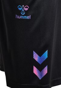 Svarta träningsshorts gjorda av ett jämnt tyg, som har en färgglad Hummel-logga och två stiliserade chevron-detaljer i iriserande nyanser.