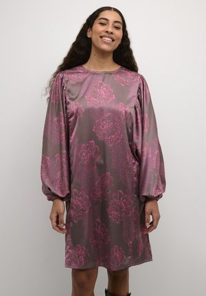 Satin dress in muted purple with puffed long sleeves, featuring a pink floral pattern throughout. Designed with a round neckline and relaxed fit.