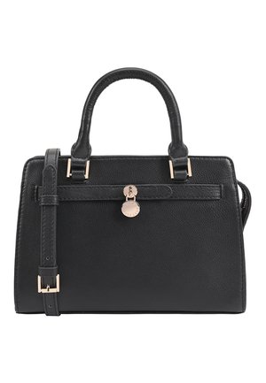 Schwarze Lederhandtasche mit strukturiertem Design, oberen Tragegriffen, abnehmbarem Schultergurt, goldfarbener Hardware und strukturierter Oberfläche.