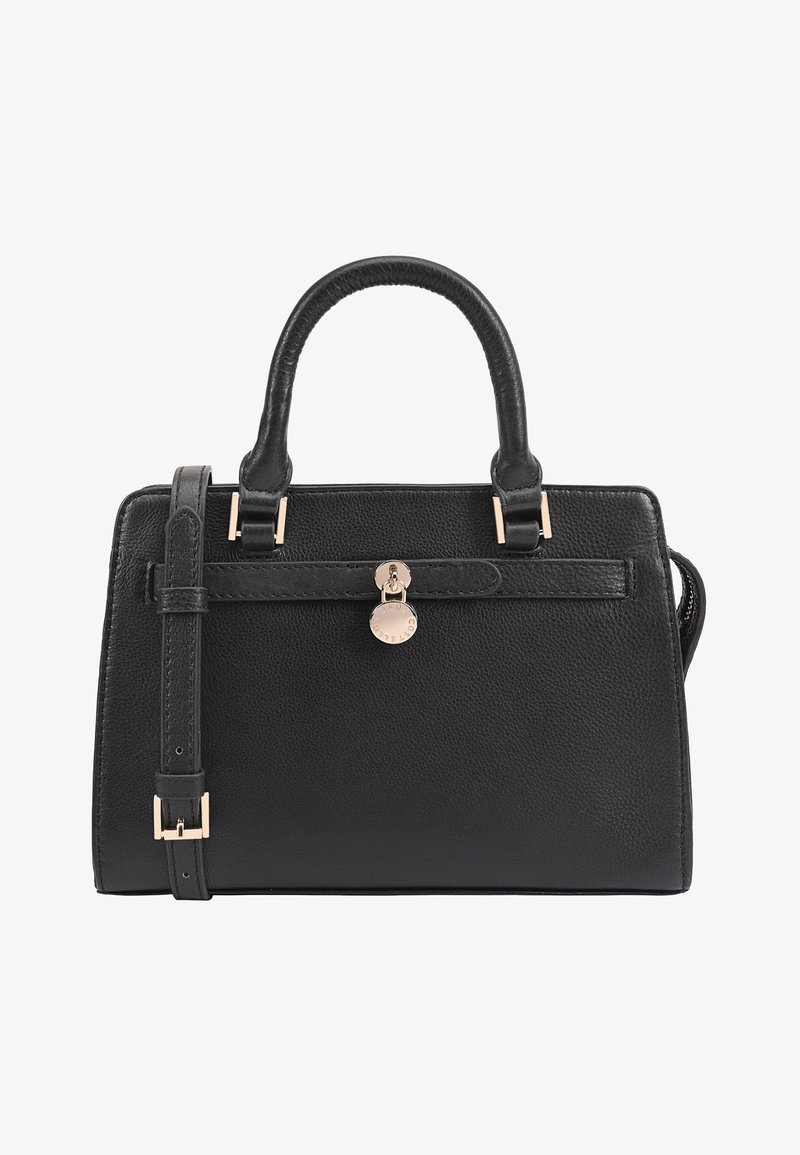 Sac à main en cuir noir avec une forme structurée, des anses supérieures, une bandoulière amovible, des éléments en métal doré et une surface texturée.