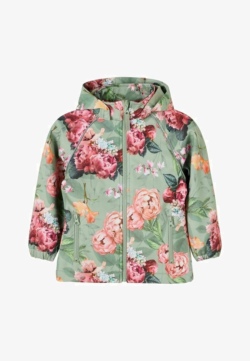 Veste pour enfants à capuche verte avec imprimé floral rose et orange, fermetures éclair à l’avant et poignets élastiques aux manches.