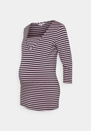 Maternity top with a deep V-neck, featuring black and pink horizontal stripes, three-quarter sleeves, and a snug fit around the belly.