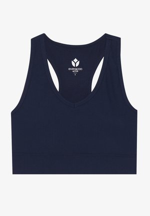 Bra sportivo a coste di colore blu navy con scollatura a U, design con schiena a corsetto e fascia elastica sulla parte inferiore. Presenta un'etichetta con logo all'interno.