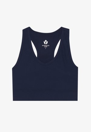 Sutien sportiv cu nervuri de culoare bleumarin, cu decolteu în formă de U, design tip racerback și bandă elastică la baza. Include un eticheta cu logo în interior.