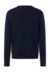 Dunkelblauer Strickpullover, lange Ärmel, Rundhalsausschnitt, glatte Textur, taillierte Silhouette, keine sichtbaren Knöpfe oder Muster, schlichte Rückansicht.