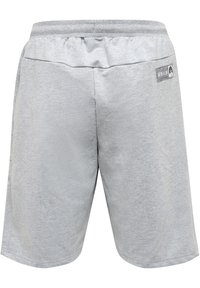 Grijze sweatshorts met een elastische tailleband, een gladde textuur, knielange snit en een klein logo-label nabij de tailleband.