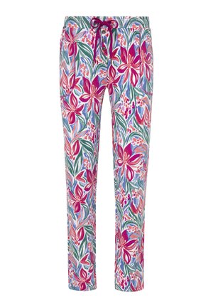 Spodnie w kwiaty z wyrazistymi, różowymi, czerwonymi i niebieskimi kwiatami na białym tle, z elastycznym pasem ściąganym na sznurek i guzikiem.