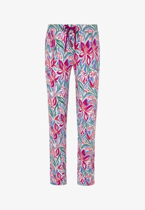 Spodnie w kwiaty z wyrazistymi, różowymi, czerwonymi i niebieskimi kwiatami na białym tle, z elastycznym pasem ściąganym na sznurek i guzikiem.