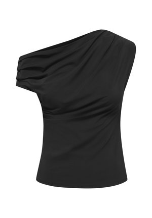 Haut noir ajusté asymétrique avec un détail froncé sur la manche unique et la poitrine.