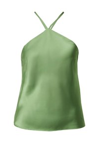 Lichtgroene satijnen camisole top met een halternek ontwerp, voorzien van dunne bandjes en een gladde, glanzende textuur. Geen zichtbare patronen of accenten.