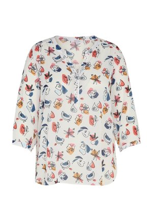 Weiße Bluse mit einem farbenfrohen, abstrakten Muster aus Gesichtern, Blumen und Formen. V-Ausschnitt-Design mit dreiviertellangen Ärmeln. Leichtes Material.