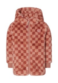 Faux fur hoodie met een geruit patroon in roze tinten. Voorzien van een rits aan de voorkant en ribgebreide manchetten. Zachte textuur en pluche afwerking.