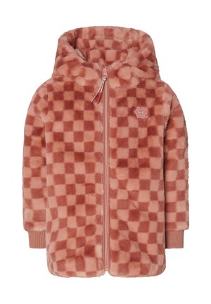 Faux-Fur-Jacke mit Kapuze und kariertem Muster in Rosatönen. Verfügt über einen Reißverschluss auf der Vorderseite und Rippbündchen. Weiche Textur und plüschige Verarbeitung.