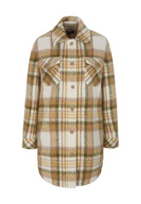 Geruit shirtjack in witte, gele en groene tinten; gemaakt van zachte stof met twee borstzakken en knoopsluiting aan de voorkant.