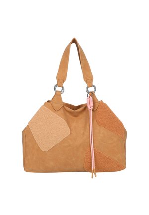Tan leather tote bag featuring textured suede patches in varying shades. Includes two short straps with silver hardware and pink accents.