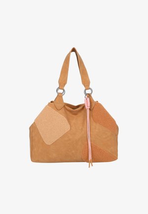 Tan leather tote bag featuring textured suede patches in varying shades. Includes two short straps with silver hardware and pink accents.
