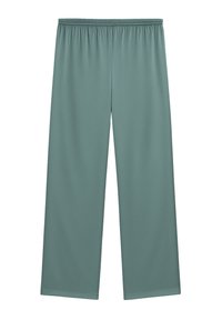 Lichtgroene wijde broek van gladde stof, met een elastische tailleband en zonder zichtbare hardware of patronen.