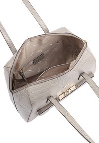 Grijze neplederen handtas met een ritssluiting, dubbele handvatten en een beige, gemarmerde binnenvoering met vakken en een merlabel.