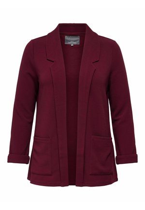 Bordeaux blazer van textiel met structuur, met een open voorkant, gelaste kraag en twee voorzakken. Mouwen kunnen worden opgerold.