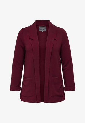 Burgundy blazer in textured fabric, featuring an open front, notched collar, and two front pockets. Sleeves can be rolled up.