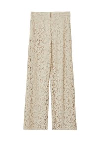 Pantaloni larghi in pizzo color crema, caratterizzati da intricati motivi floreali, una consistenza morbida e un design a vita alta.