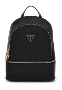 Zaino in nylon nero con design arrotondato, chiusura con zip, hardware dorato e logo del marchio triangolare sul davanti. Manico doppio superiore.