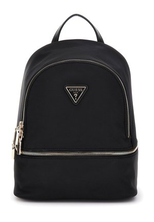 Zaino in nylon nero con design arrotondato, chiusura con zip, hardware dorato e logo del marchio triangolare sul davanti. Manico doppio superiore.