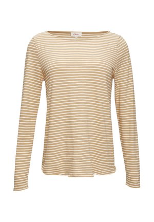 Langärmliges Oberteil in Beige mit weißen horizontalen Streifen. Leichter, weicher Stoff, runder Halsausschnitt und gerader Saum. Lässiges Design.