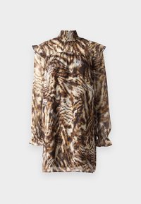 Gennemsigtig brun dyreprint bluse med høj smocket hals, lange pufærmer med flæsekanter og en afslappet pasform.