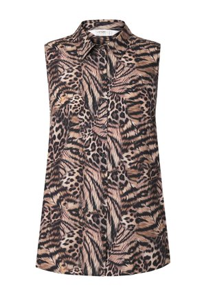 Ärmellose Bluse in einem mehrfarbigen Tierdruck mit klassischem Kragen, Knopfverschluss und leichtem Stoff. Mit abgerundetem Saum.