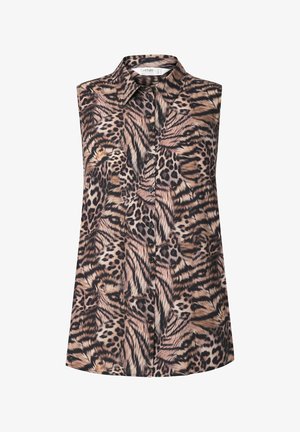Blouse sans manches en imprimé animal multicolore avec un col classique, une fermeture à boutons à l'avant et un tissu léger. Se distingue par un ourlet arrondi.