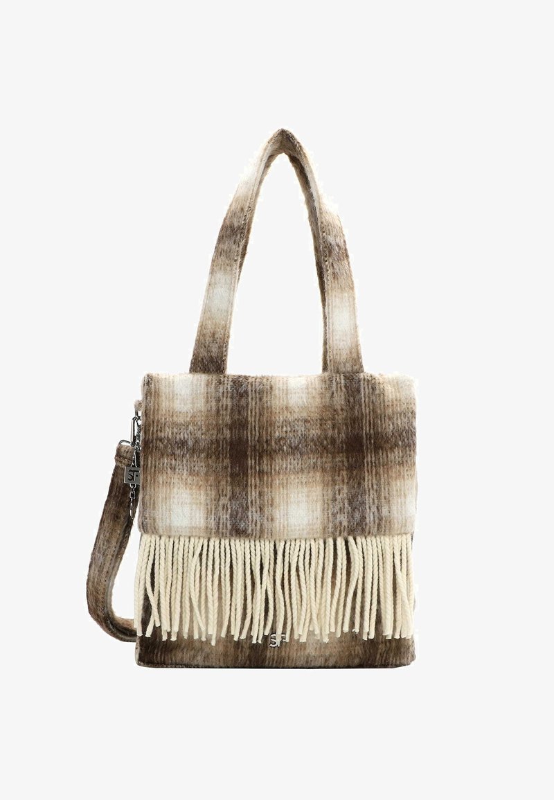 Braune und cremefarbene karierte Handtasche mit einer weichen Textur, ausgestattet mit einem fransigen Boden und einem abnehmbaren Tragegurt. Robuste Griffe und metallische Hardware-Akzente.