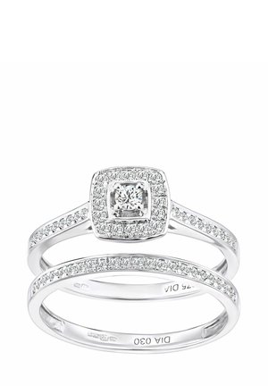 Two interlocking rings featuring a square halo design. Crafted from white metal with multiple small diamonds around a central stone.