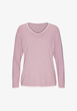 Helles rosa Langarm-T-Shirt mit V-Ausschnitt und kontrastierenden weißen Besätzen am Kragen und an den Bündchen. Aus weichem, strukturiertem Stoff gefertigt.