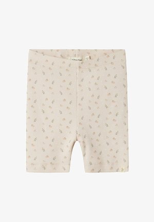 Katoenen shorts in lichtroze met ribbeltextuur, voorzien van een delicaat bloemenpatroon en kleine witte stippen. Elastische tailleband voor comfort.