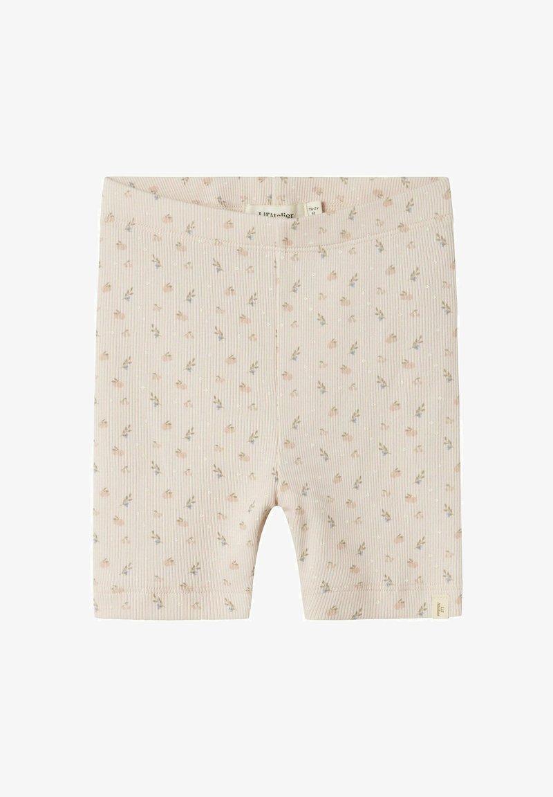 Bawełniane szorty w jasnoróżowym kolorze z żebrowaną fakturą, zdobione delikatnym wzorem kwiatowym i małymi białymi kropkami. Elastyczny pasek w talii dla wygody.