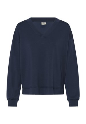 Temno modra majica z dolgimi rokavi in V-izrezom, z rebrastimi manšetami in spodnjim robom, prikazana na belem ozadju.