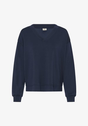 Temno modra majica z dolgimi rokavi in V-izrezom, z rebrastimi manšetami in spodnjim robom, prikazana na belem ozadju.