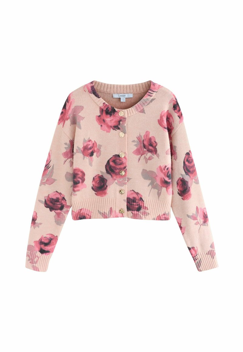 Cardigan floreale rosa con scollatura rotonda, bottoni dorati e polsini a coste. Presenta motivi di rose rosse e rosa scuro su uno sfondo rosa chiaro.