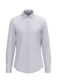 Camicia a maniche lunghe con bottoni in un motivo a scacchi blu chiaro e bianco. Caratterizzata da un colletto a punta, bottoni frontali e un orlo curvo.